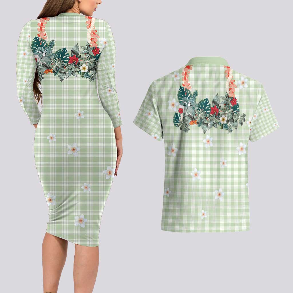 Sage Green Hawaiian Palaka Couples Matching Long Sleeve Bodycon Dress and Hawaiian Shirt Kukui Nut Money Lei LT9 - Polynesian Pride