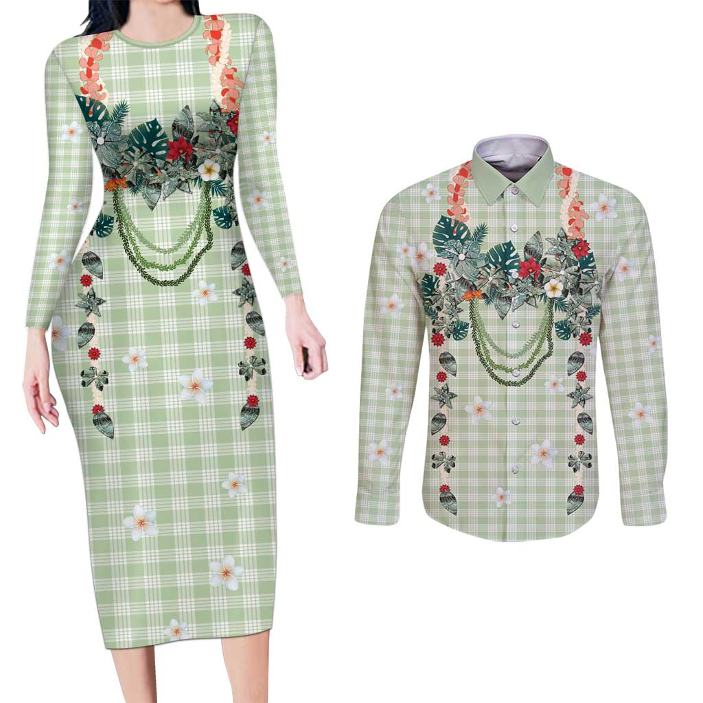 Sage Green Hawaiian Palaka Couples Matching Long Sleeve Bodycon Dress and Long Sleeve Button Shirt Kukui Nut Money Lei LT9 Green - Polynesian Pride