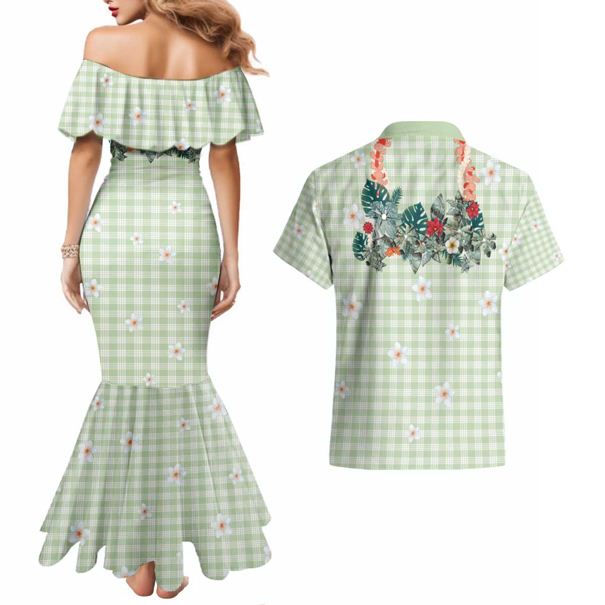 Sage Green Hawaiian Palaka Couples Matching Mermaid Dress and Hawaiian Shirt Kukui Nut Money Lei LT9 - Polynesian Pride