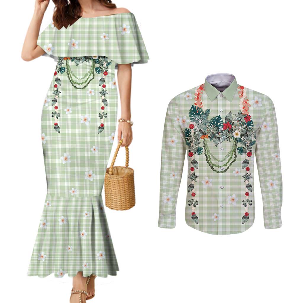Sage Green Hawaiian Palaka Couples Matching Mermaid Dress and Long Sleeve Button Shirt Kukui Nut Money Lei LT9 Green - Polynesian Pride