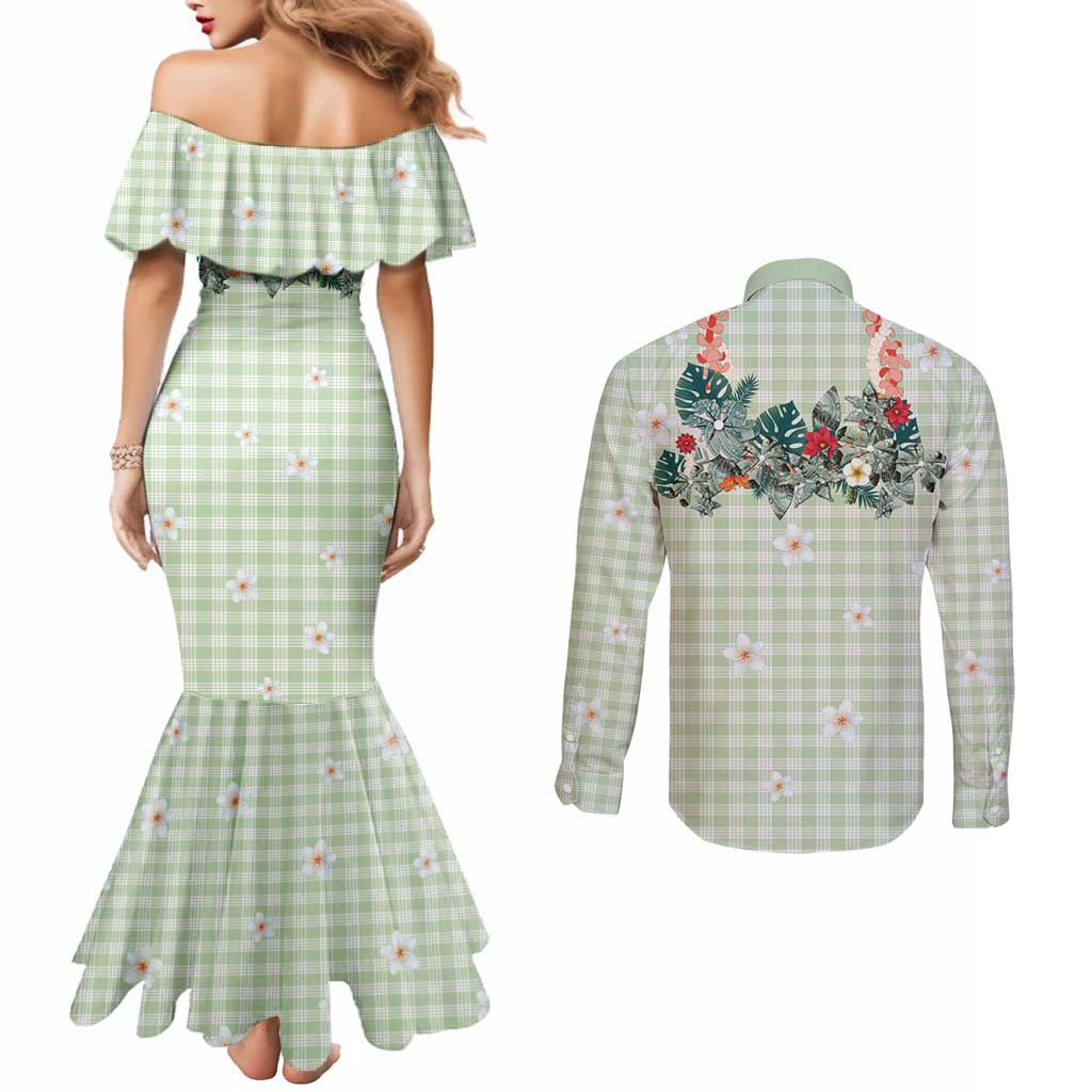Sage Green Hawaiian Palaka Couples Matching Mermaid Dress and Long Sleeve Button Shirt Kukui Nut Money Lei LT9 - Polynesian Pride