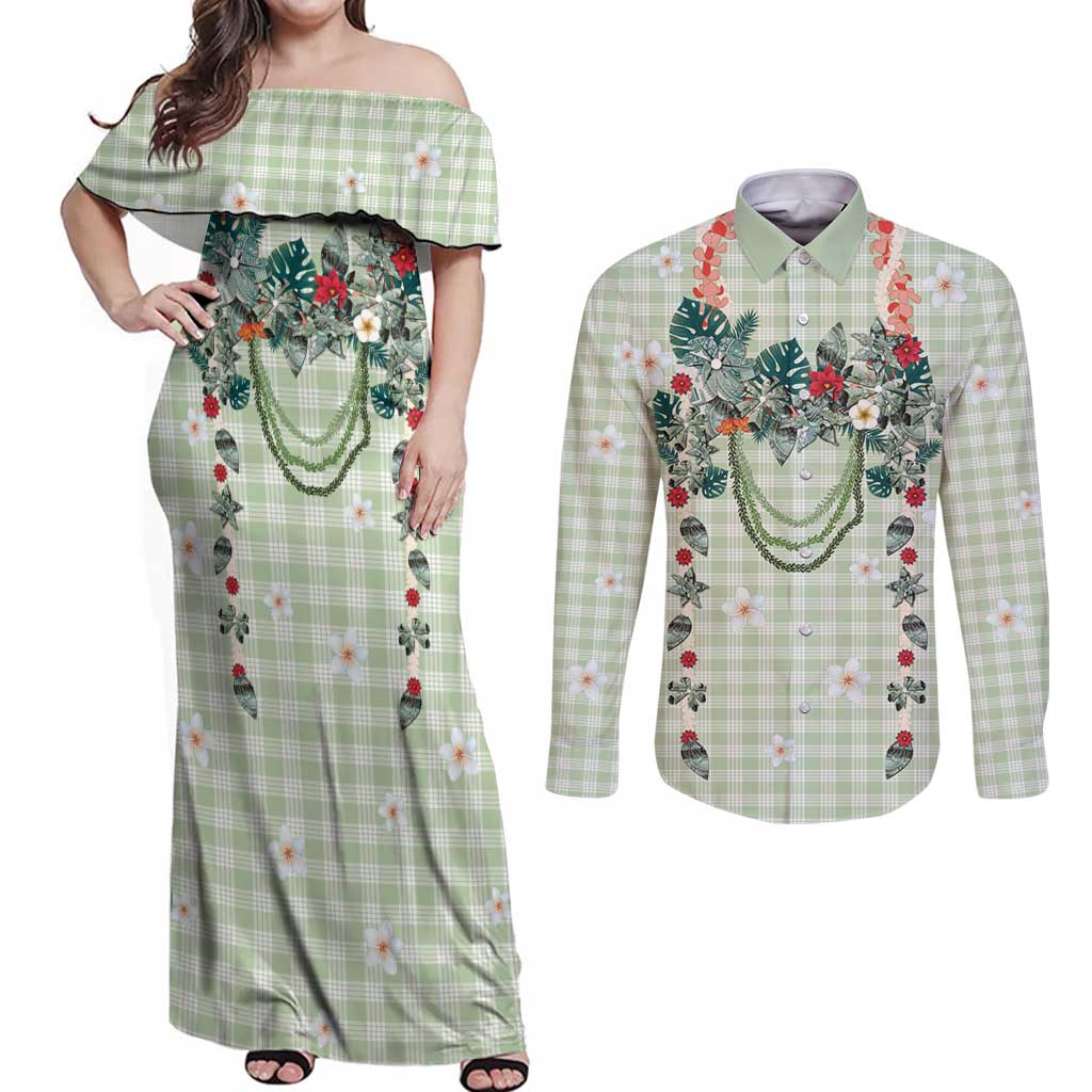 Sage Green Hawaiian Palaka Couples Matching Off Shoulder Maxi Dress and Long Sleeve Button Shirt Kukui Nut Money Lei LT9 Green - Polynesian Pride