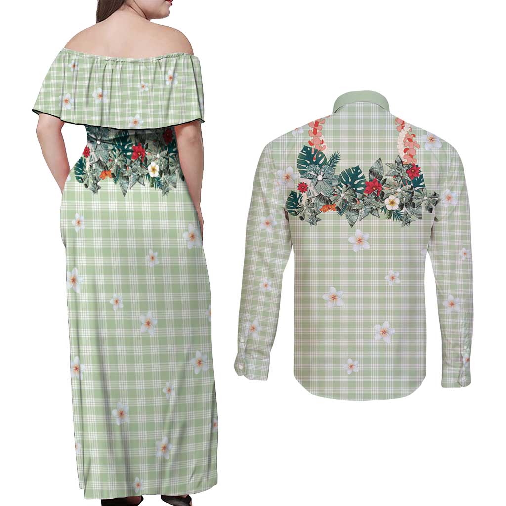 Sage Green Hawaiian Palaka Couples Matching Off Shoulder Maxi Dress and Long Sleeve Button Shirt Kukui Nut Money Lei LT9 - Polynesian Pride