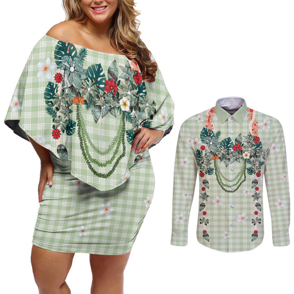 Sage Green Hawaiian Palaka Couples Matching Off Shoulder Short Dress and Long Sleeve Button Shirt Kukui Nut Money Lei LT9 Green - Polynesian Pride