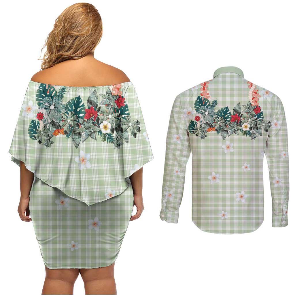 Sage Green Hawaiian Palaka Couples Matching Off Shoulder Short Dress and Long Sleeve Button Shirt Kukui Nut Money Lei LT9 - Polynesian Pride