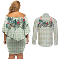 Sage Green Hawaiian Palaka Couples Matching Off Shoulder Short Dress and Long Sleeve Button Shirt Kukui Nut Money Lei LT9 - Polynesian Pride