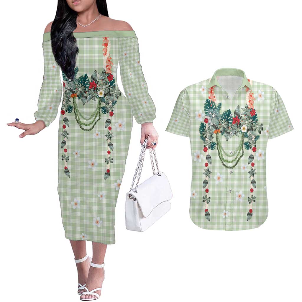 Sage Green Hawaiian Palaka Couples Matching Off The Shoulder Long Sleeve Dress and Hawaiian Shirt Kukui Nut Money Lei LT9 Green - Polynesian Pride