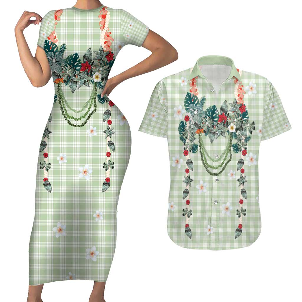 Sage Green Hawaiian Palaka Couples Matching Short Sleeve Bodycon Dress and Hawaiian Shirt Kukui Nut Money Lei LT9 Green - Polynesian Pride
