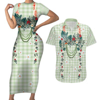 Sage Green Hawaiian Palaka Couples Matching Short Sleeve Bodycon Dress and Hawaiian Shirt Kukui Nut Money Lei LT9 Green - Polynesian Pride