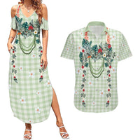 Sage Green Hawaiian Palaka Couples Matching Summer Maxi Dress and Hawaiian Shirt Kukui Nut Money Lei LT9 Green - Polynesian Pride
