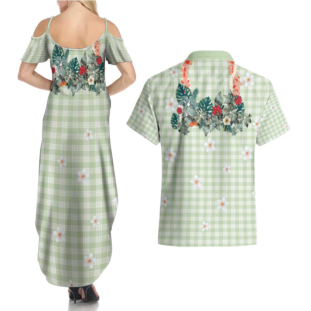 Sage Green Hawaiian Palaka Couples Matching Summer Maxi Dress and Hawaiian Shirt Kukui Nut Money Lei LT9 - Polynesian Pride