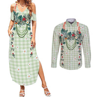 Sage Green Hawaiian Palaka Couples Matching Summer Maxi Dress and Long Sleeve Button Shirt Kukui Nut Money Lei LT9 Green - Polynesian Pride
