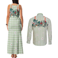 Sage Green Hawaiian Palaka Couples Matching Tank Maxi Dress and Long Sleeve Button Shirt Kukui Nut Money Lei LT9 - Polynesian Pride