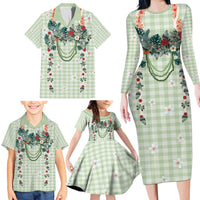 Sage Green Hawaiian Palaka Family Matching Long Sleeve Bodycon Dress and Hawaiian Shirt Kukui Nut Money Lei LT9 - Polynesian Pride