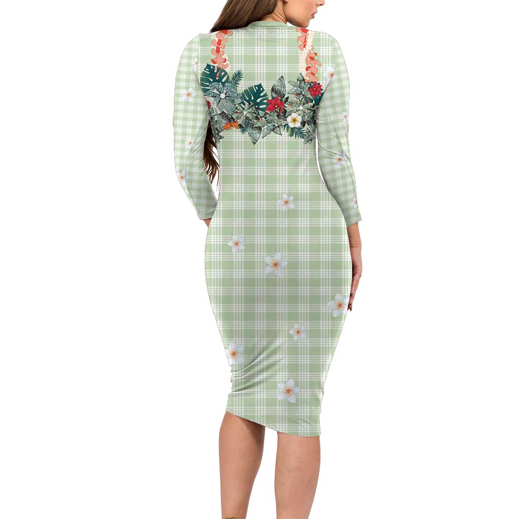 Sage Green Hawaiian Palaka Family Matching Long Sleeve Bodycon Dress and Hawaiian Shirt Kukui Nut Money Lei LT9 - Polynesian Pride