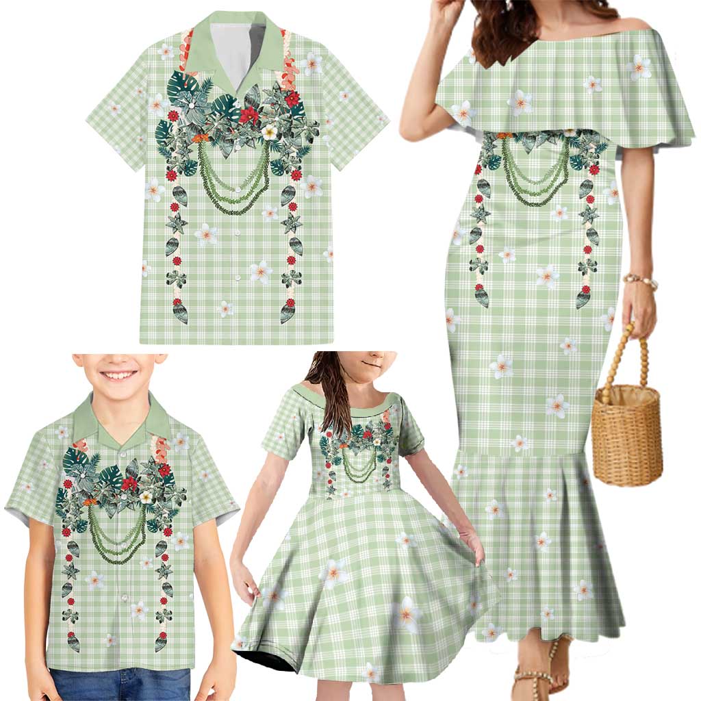 Sage Green Hawaiian Palaka Family Matching Mermaid Dress and Hawaiian Shirt Kukui Nut Money Lei LT9 - Polynesian Pride