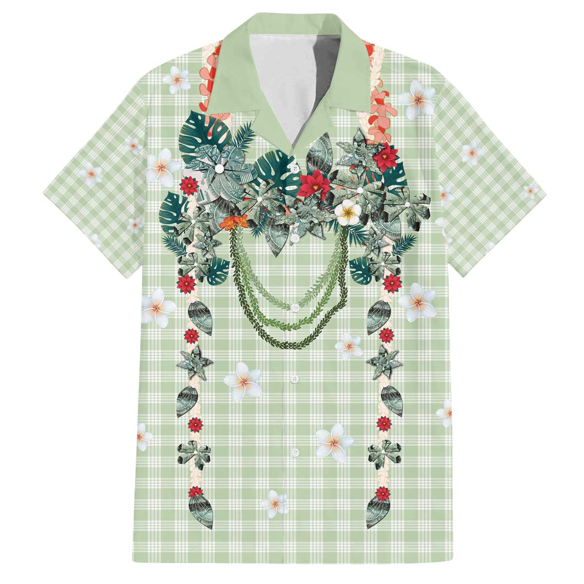 Sage Green Hawaiian Palaka Family Matching Off The Shoulder Long Sleeve Dress and Hawaiian Shirt Kukui Nut Money Lei LT9 Dad's Shirt - Short Sleeve Green - Polynesian Pride