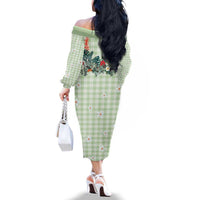 Sage Green Hawaiian Palaka Family Matching Off The Shoulder Long Sleeve Dress and Hawaiian Shirt Kukui Nut Money Lei LT9 - Polynesian Pride