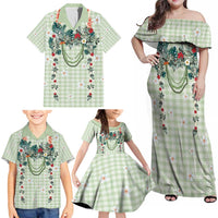 Sage Green Hawaiian Palaka Family Matching Off Shoulder Maxi Dress and Hawaiian Shirt Kukui Nut Money Lei LT9 - Polynesian Pride