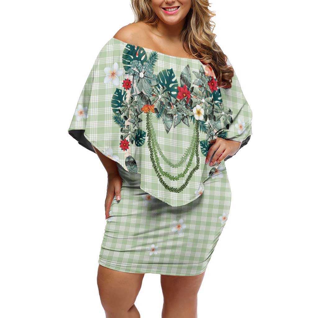 Sage Green Hawaiian Palaka Family Matching Off Shoulder Short Dress and Hawaiian Shirt Kukui Nut Money Lei LT9 Mom's Dress Green - Polynesian Pride