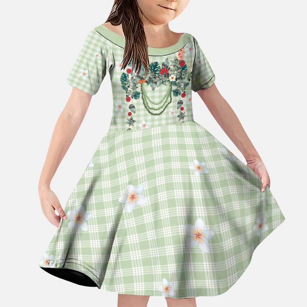 Sage Green Hawaiian Palaka Family Matching Puletasi and Hawaiian Shirt Kukui Nut Money Lei LT9 Daughter's Dress Green - Polynesian Pride