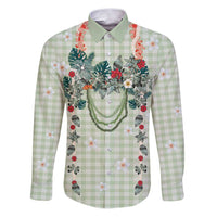 Sage Green Hawaiian Palaka Family Matching Puletasi and Hawaiian Shirt Kukui Nut Money Lei LT9 Dad's Shirt - Long Sleeve Green - Polynesian Pride