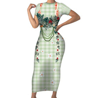 Sage Green Hawaiian Palaka Family Matching Short Sleeve Bodycon Dress and Hawaiian Shirt Kukui Nut Money Lei LT9 Mom's Dress Green - Polynesian Pride