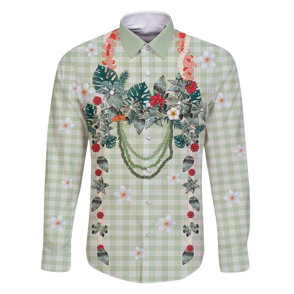 Sage Green Hawaiian Palaka Family Matching Tank Maxi Dress and Hawaiian Shirt Kukui Nut Money Lei LT9 Dad's Shirt - Long Sleeve Green - Polynesian Pride