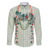 Sage Green Hawaiian Palaka Family Matching Tank Maxi Dress and Hawaiian Shirt Kukui Nut Money Lei LT9 Dad's Shirt - Long Sleeve Green - Polynesian Pride