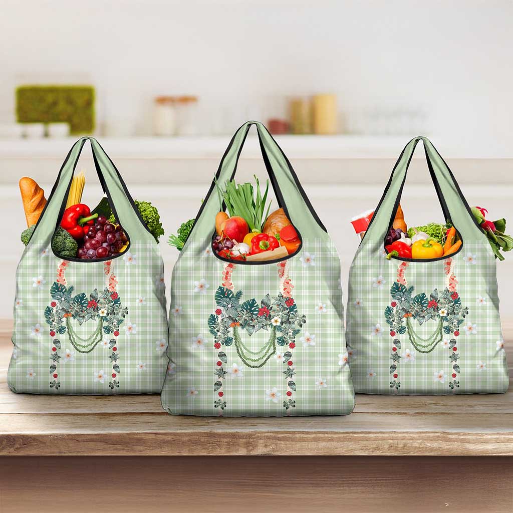 Sage Green Hawaiian Palaka Grocery Bag Kukui Nut Money Lei LT9 3-pack One Size Green - Polynesian Pride