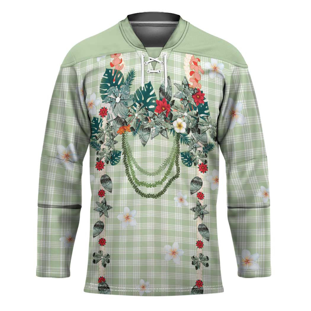 Sage Green Hawaiian Palaka Hockey Jersey Kukui Nut Money Lei - Polynesian Pride