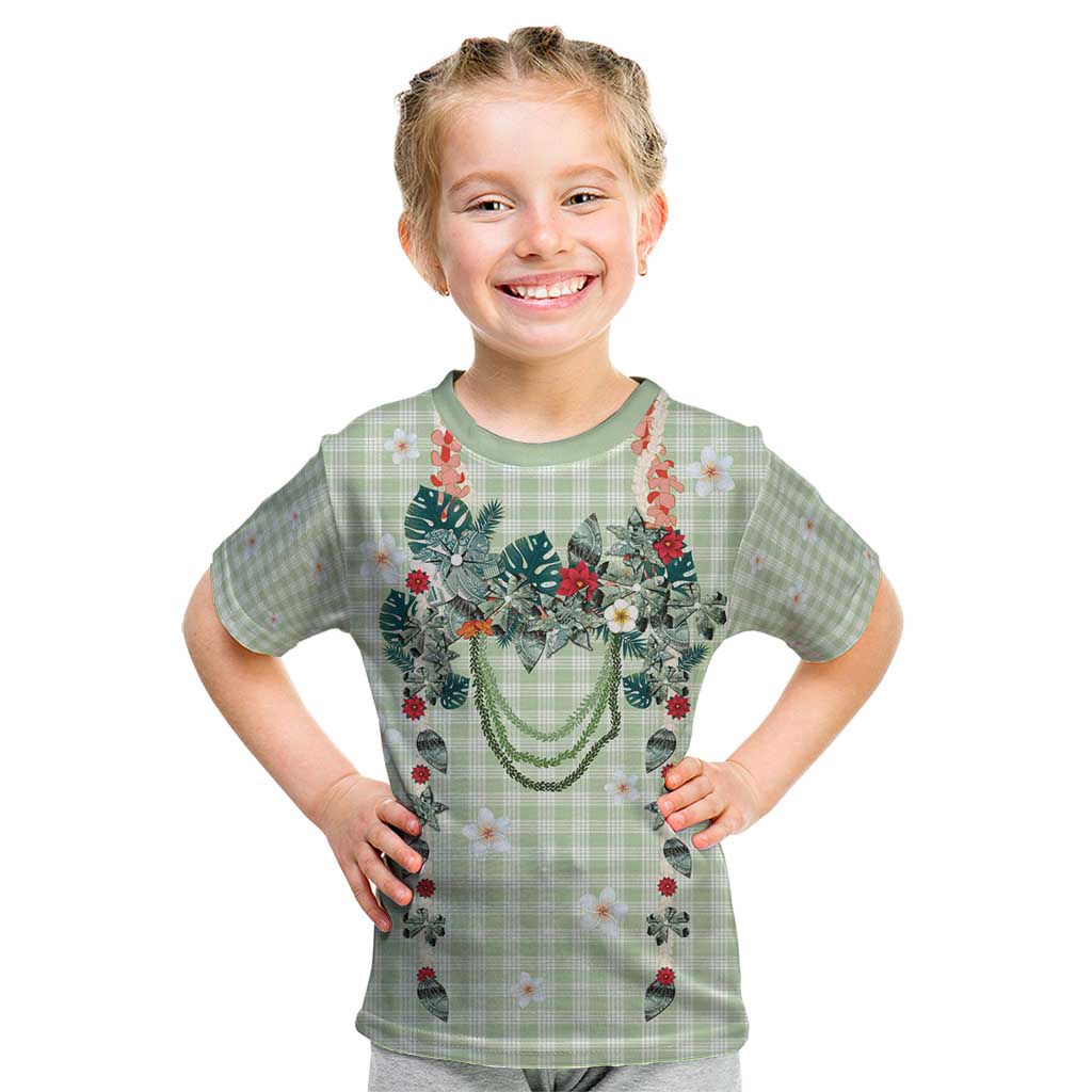 Sage Green Hawaiian Palaka Kid T Shirt Kukui Nut Money Lei - Polynesian Pride