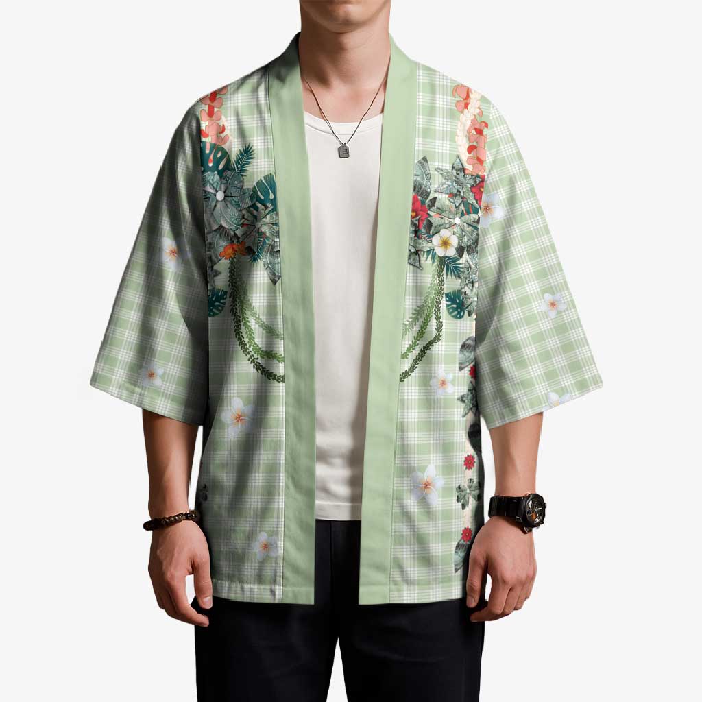Sage Green Hawaiian Palaka Kimono Kukui Nut Money Lei - Polynesian Pride