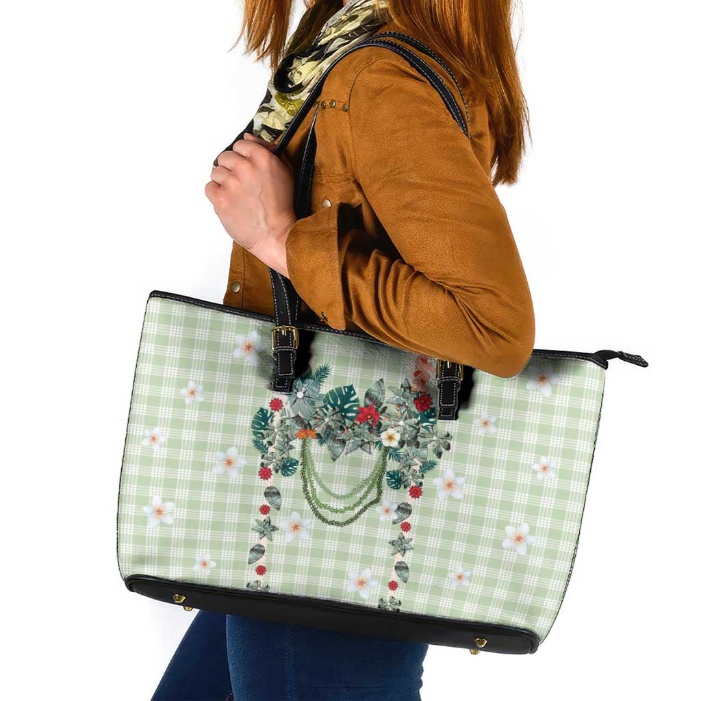 Sage Green Hawaiian Palaka Leather Tote Bag Kukui Nut Money Lei - Polynesian Pride