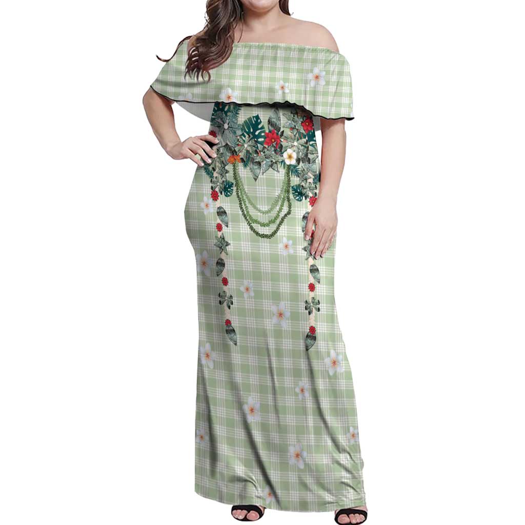 Sage Green Hawaiian Palaka Off Shoulder Maxi Dress Kukui Nut Money Lei LT9 Women Green - Polynesian Pride