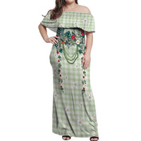 Sage Green Hawaiian Palaka Off Shoulder Maxi Dress Kukui Nut Money Lei LT9 Women Green - Polynesian Pride