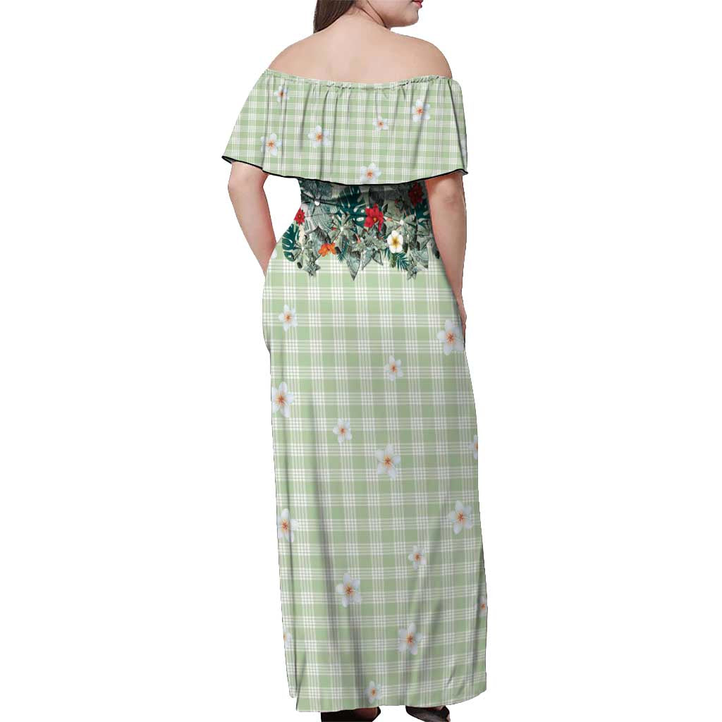 Sage Green Hawaiian Palaka Off Shoulder Maxi Dress Kukui Nut Money Lei LT9 - Polynesian Pride