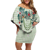 Sage Green Hawaiian Palaka Off Shoulder Short Dress Kukui Nut Money Lei - Polynesian Pride