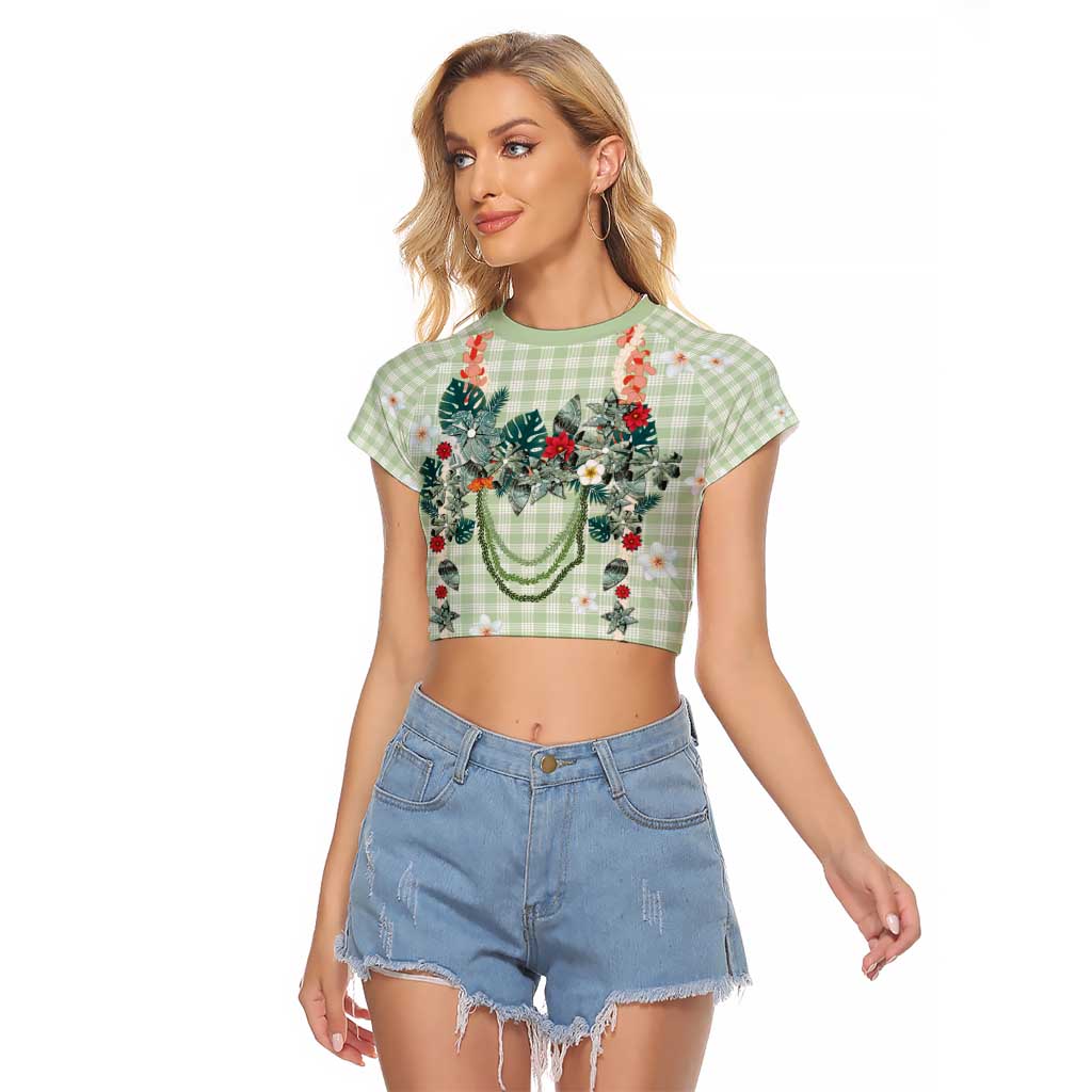 Sage Green Hawaiian Palaka Raglan Cropped T Shirt Kukui Nut Money Lei - Polynesian Pride