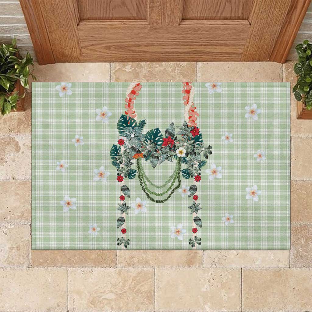 Sage Green Hawaiian Palaka Rubber Doormat Kukui Nut Money Lei - Polynesian Pride