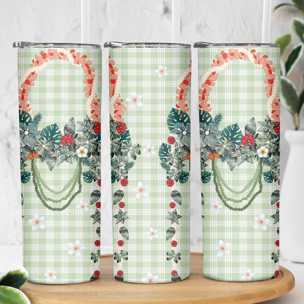 Sage Green Hawaiian Palaka Skinny Tumbler Kukui Nut Money Lei LT9 - Polynesian Pride