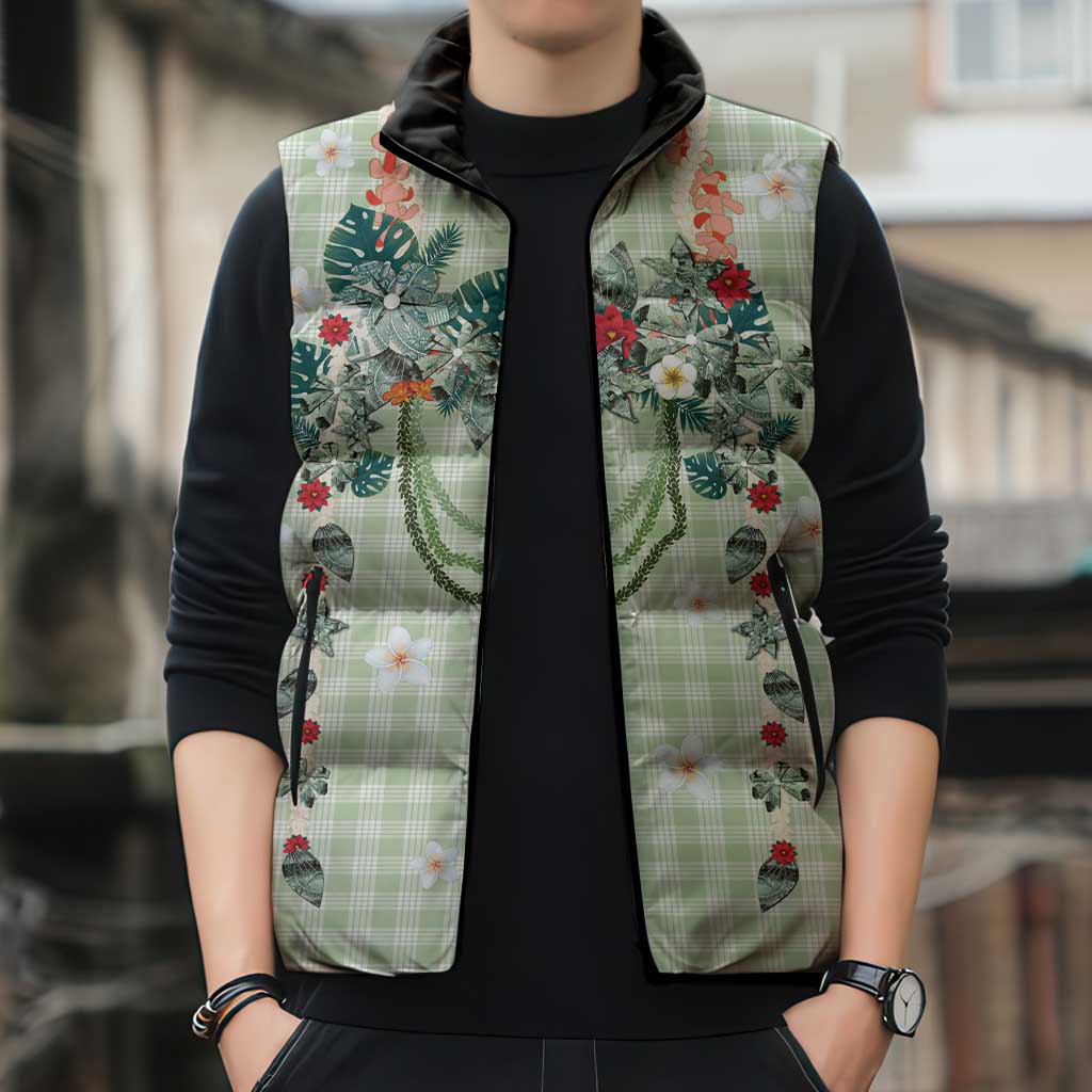 Sage Green Hawaiian Palaka Sleeveless Puffer Jacket Kukui Nut Money Lei - Polynesian Pride