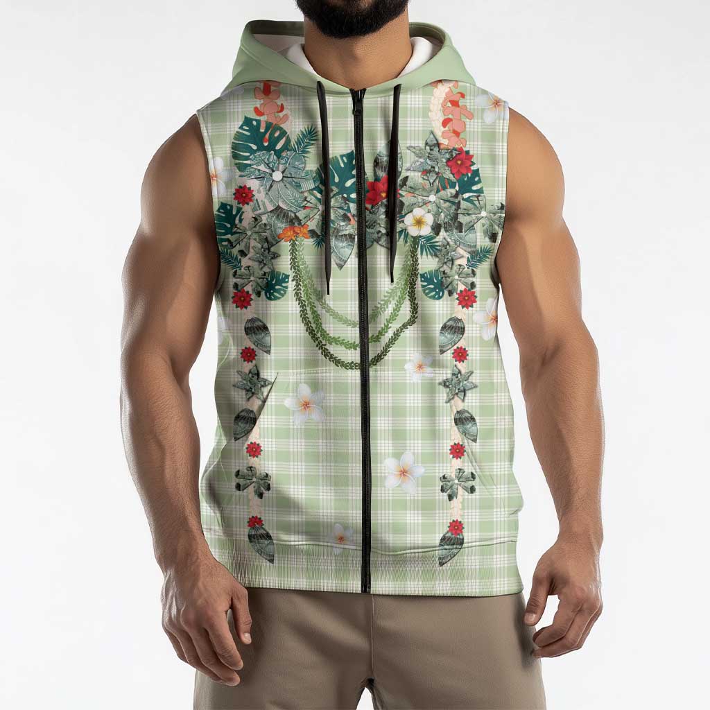 Sage Green Hawaiian Palaka Sleeveless Zip Hoodie Kukui Nut Money Lei - Polynesian Pride