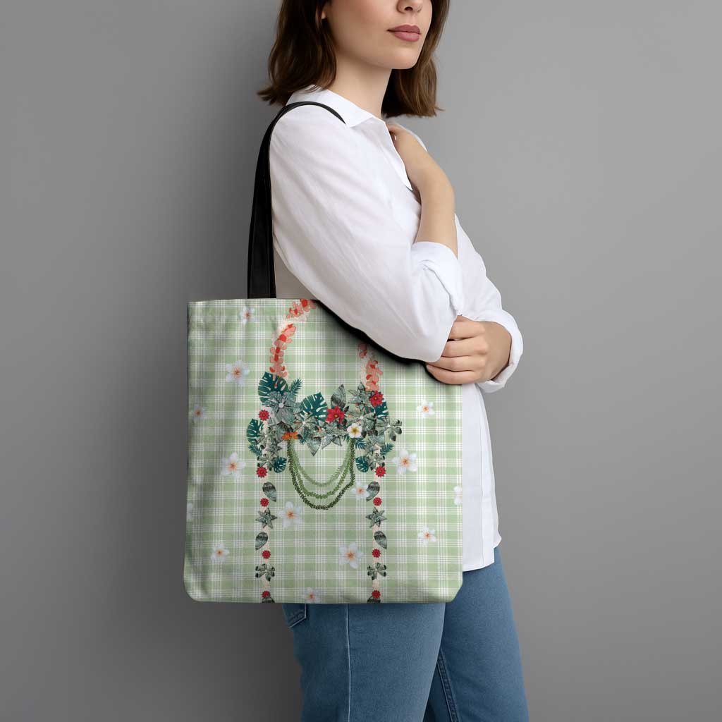 Sage Green Hawaiian Palaka Tote Bag Kukui Nut Money Lei - Polynesian Pride