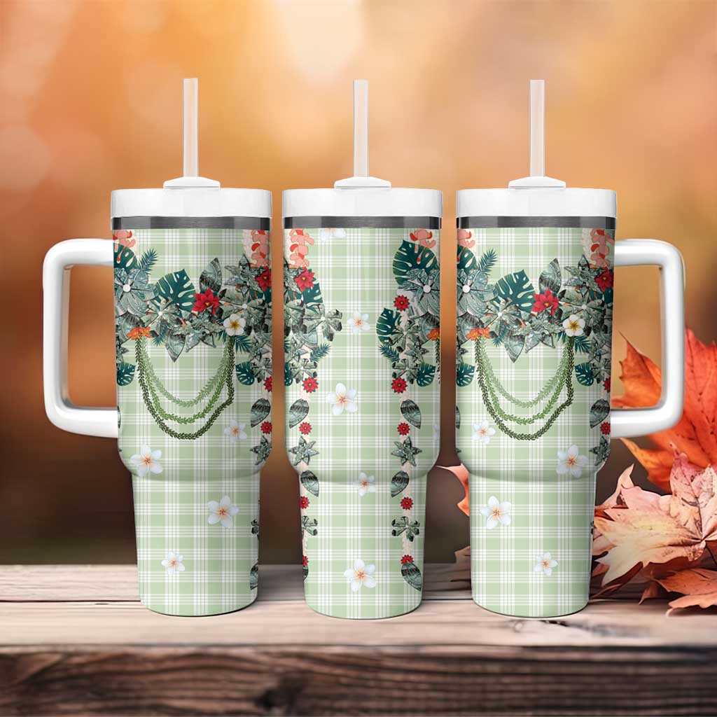Sage Green Hawaiian Palaka Tumbler With Handle Kukui Nut Money Lei - Polynesian Pride