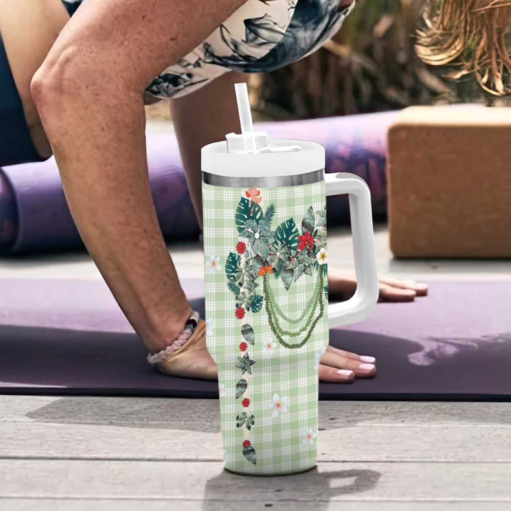 Sage Green Hawaiian Palaka Tumbler With Handle Kukui Nut Money Lei - Polynesian Pride