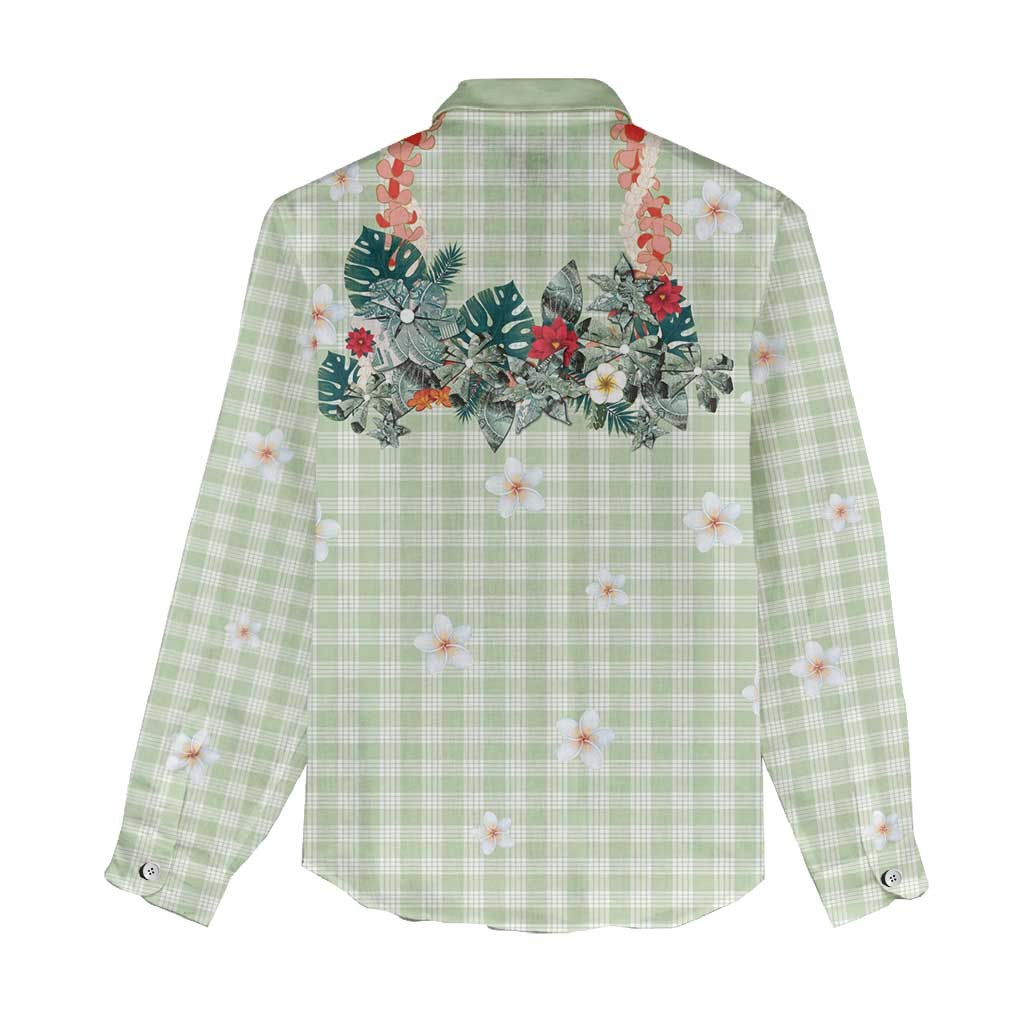 Sage Green Hawaiian Palaka Women Casual Shirt Kukui Nut Money Lei - Polynesian Pride