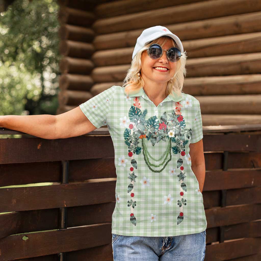 Sage Green Hawaiian Palaka Women Polo Shirt Kukui Nut Money Lei - Polynesian Pride