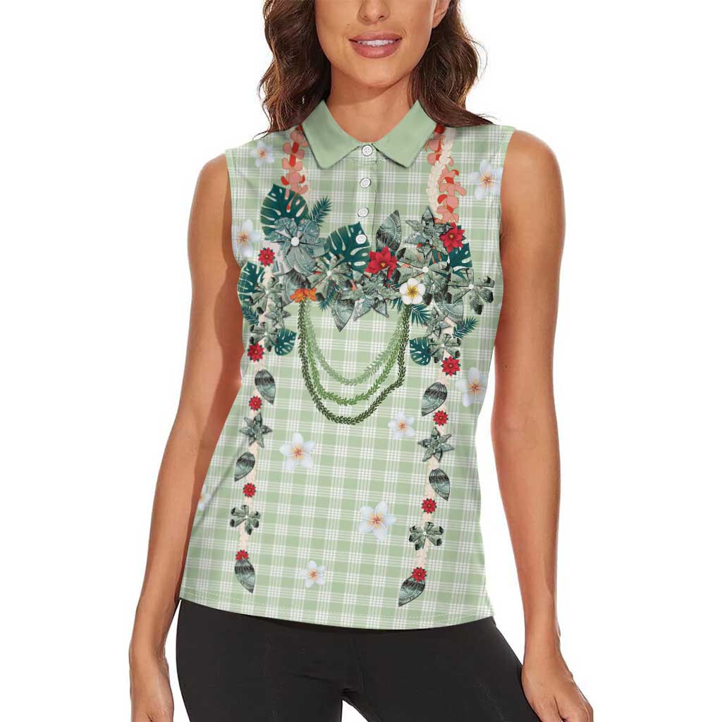 Sage Green Hawaiian Palaka Women Sleeveless Polo Shirt Kukui Nut Money Lei LT9 - Polynesian Pride
