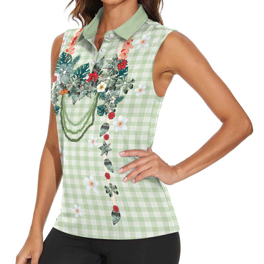 Sage Green Hawaiian Palaka Women Sleeveless Polo Shirt Kukui Nut Money Lei LT9 - Polynesian Pride